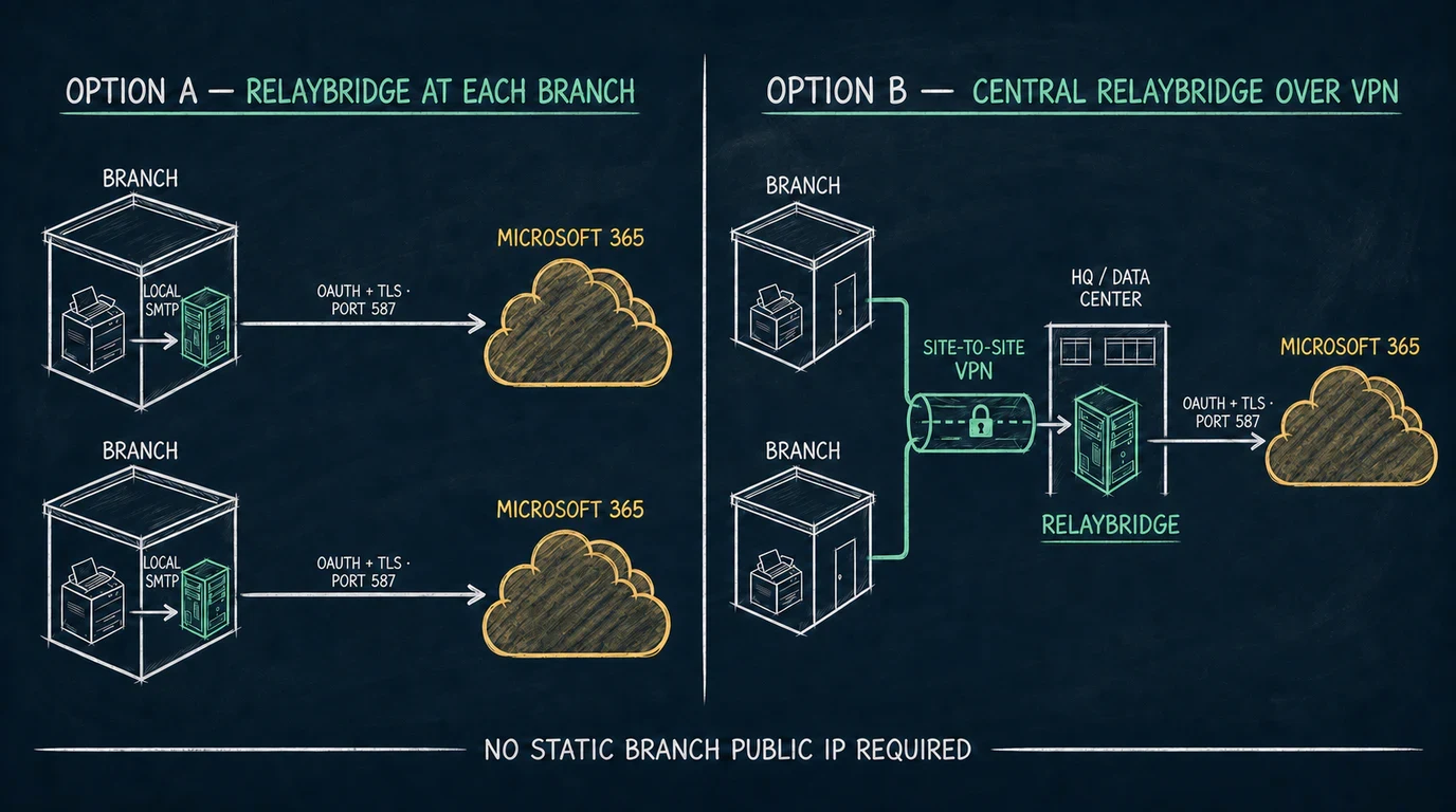 Two RelayBridge deployment options for dynamic-IP branches: a RelayBridge instance at each branch, or branch printers reaching one central headquarters RelayBridge over site-to-site VPN; both submit to Microsoft 365 using OAuth and TLS on port 587.