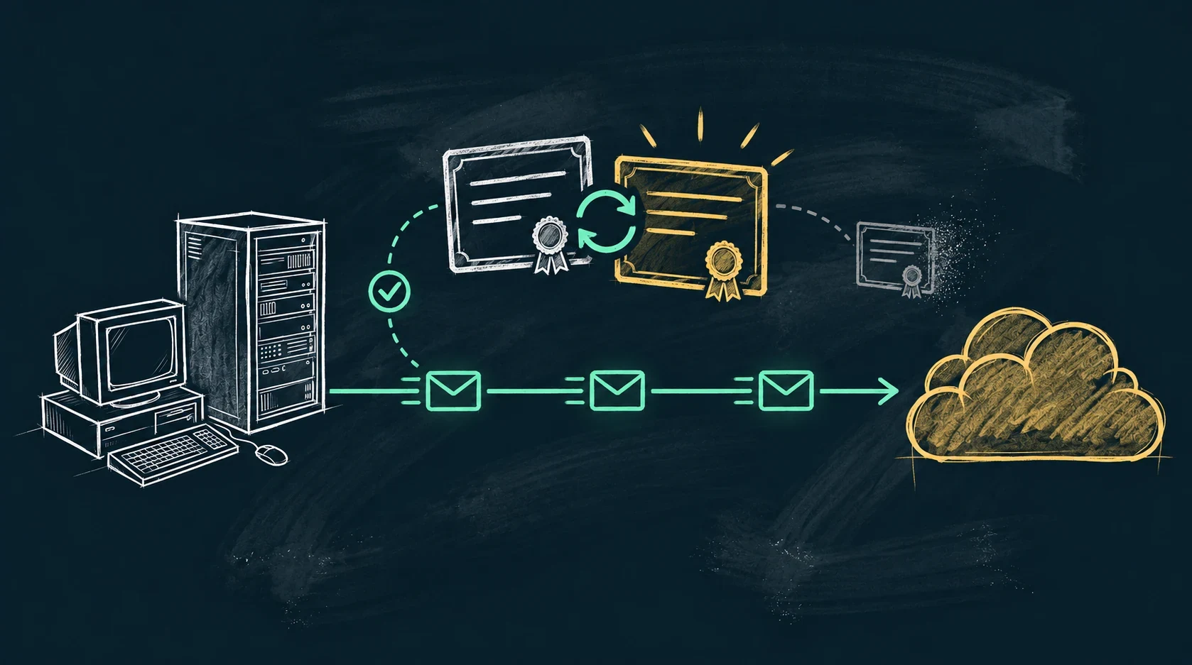 A local mail service maintains an uninterrupted delivery path while an old application certificate overlaps with and yields to a new verified certificate.