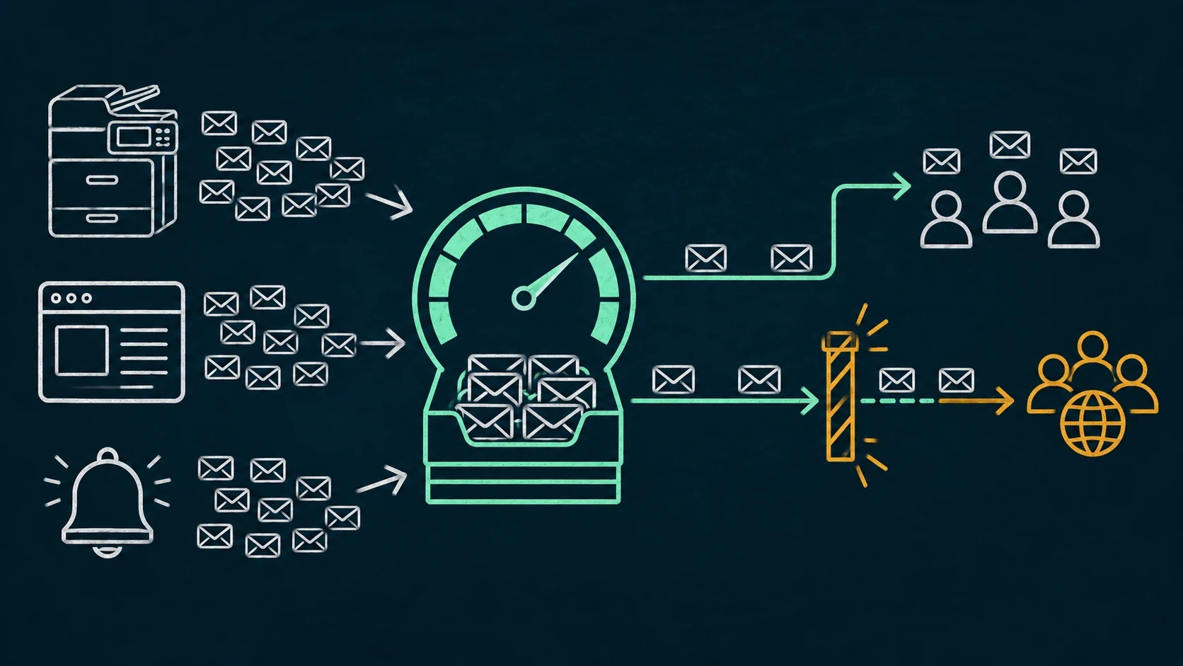 Printers, applications, and alerts feed a controlled queue and 24-hour capacity gauge; internal mail continues while external recipients pass through a tenant limit.