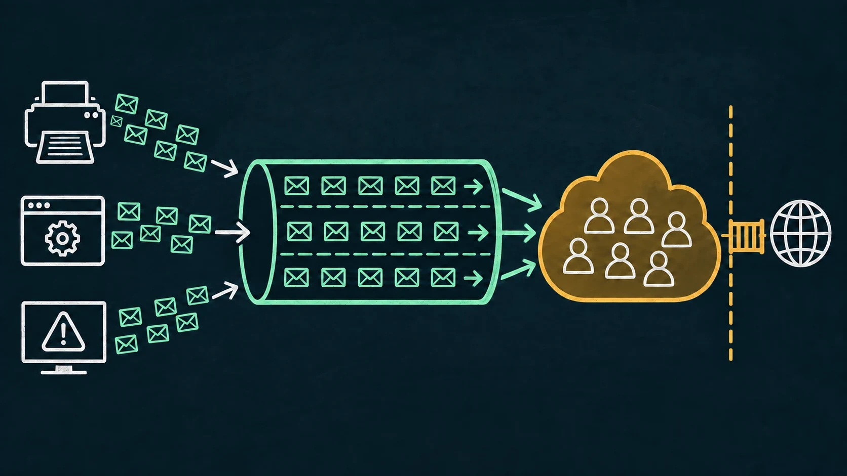 Printers, applications, and monitoring alerts feed a high-capacity mail channel into internal Microsoft 365 recipients, while a closed boundary separates external recipients.