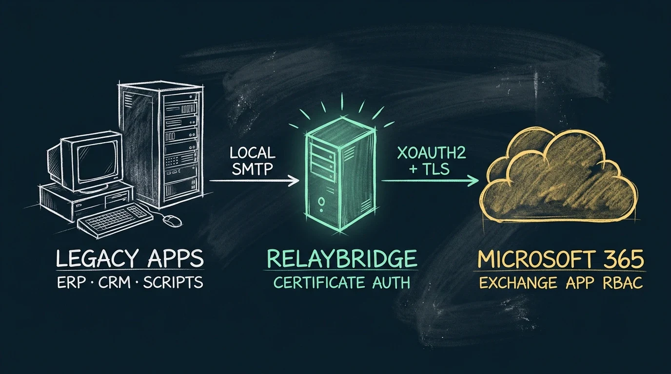 Legacy ERP, CRM, and script applications submit local SMTP to RelayBridge, which uses certificate-based identity, XOAUTH2, and TLS with Microsoft 365 Exchange Online.
