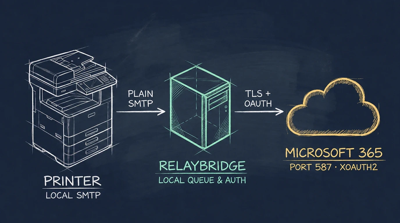 A legacy printer sends local SMTP to RelayBridge, which queues the message and submits it to Microsoft 365 over port 587 using OAuth and XOAUTH2.