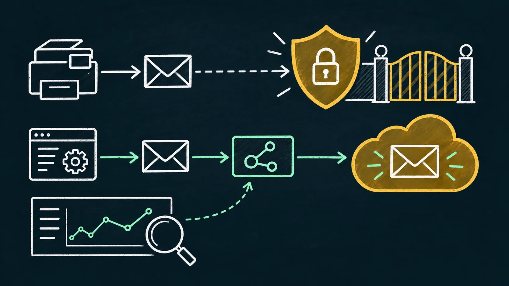 An anonymous printer message stops at a protected gate, while an application message passes through an authorized connector into a mail cloud; a report identifies traffic before the change.