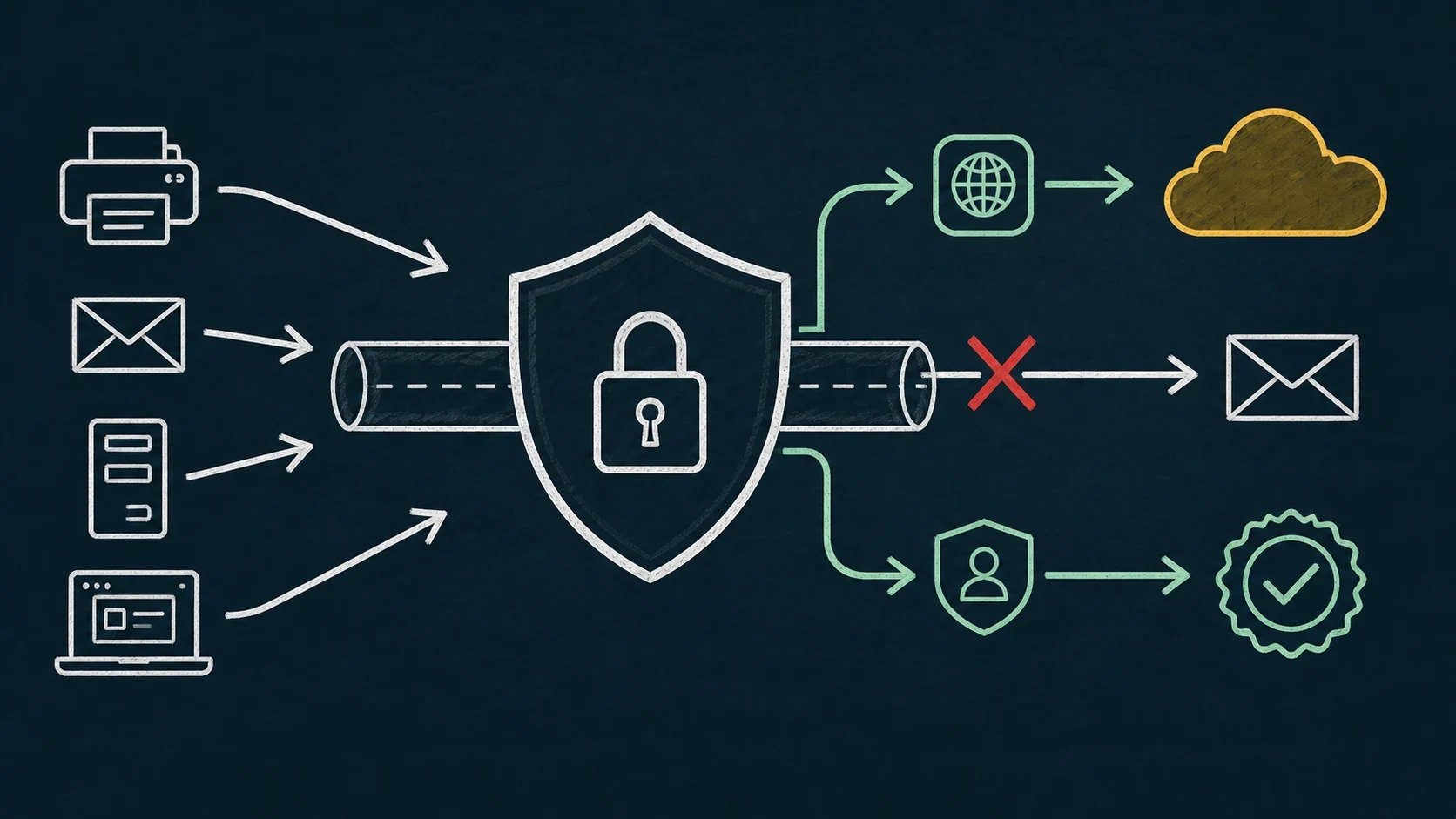Legacy SMTP traffic stops at a locked Security Defaults shield while separate supported API and administrator-controlled policy choices are shown outside the blocked path.