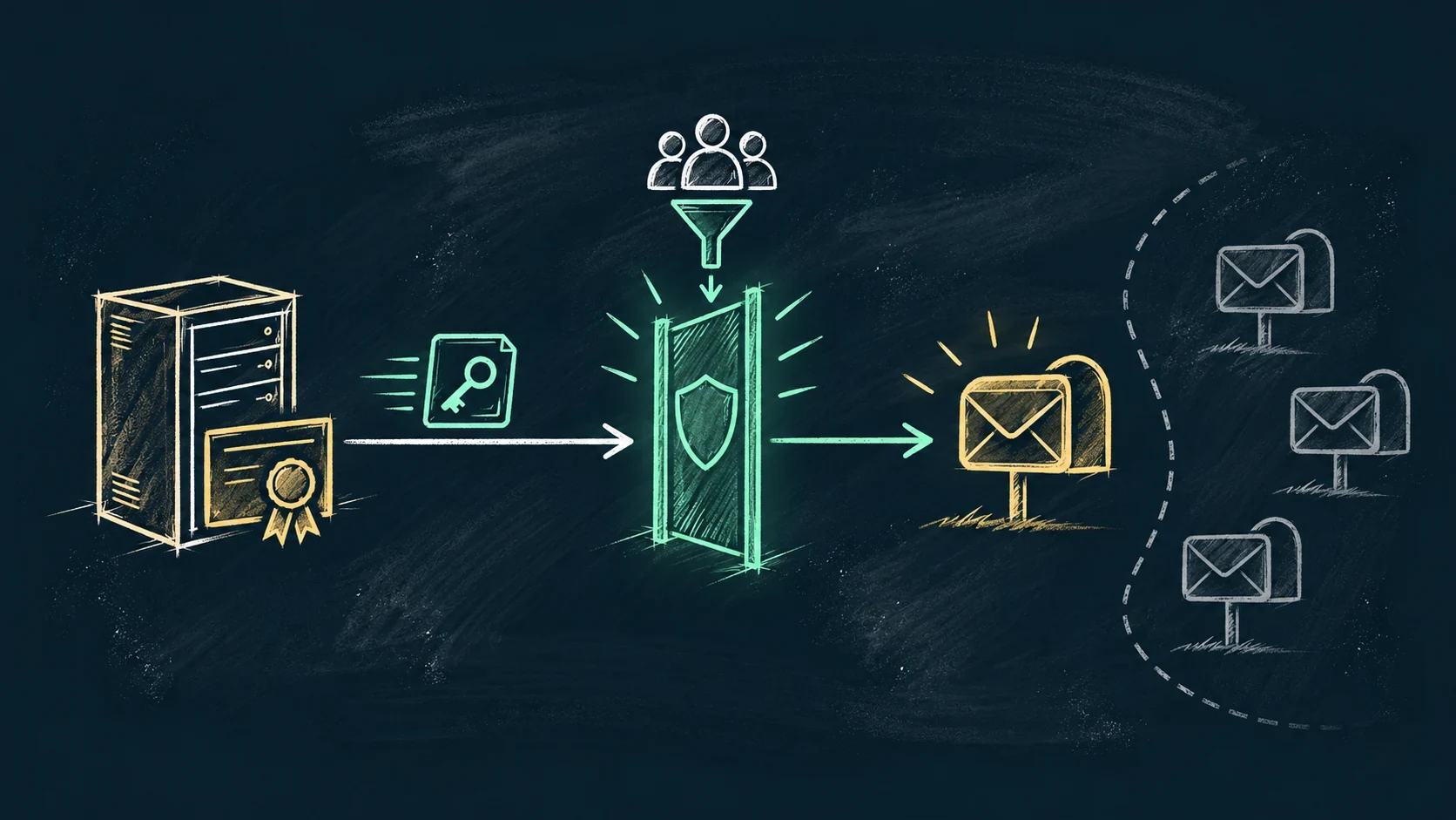A certificate-backed application passes through a scoped authorization gate to one highlighted sender mailbox while other mailboxes remain outside the permitted boundary.