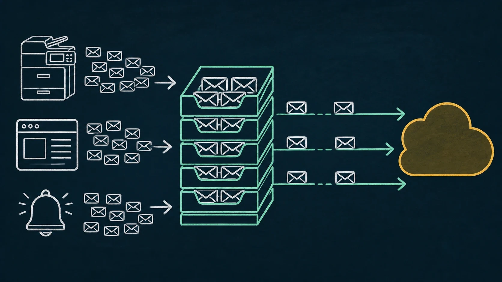 Printers, applications, and monitoring alerts feed a durable local queue that paces three delivery lanes toward Exchange Online.