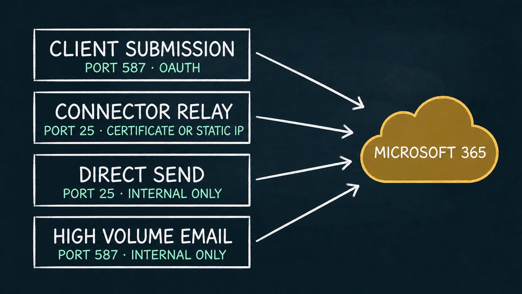 Four Microsoft 365 SMTP paths: client submission using OAuth on port 587, connector relay using a certificate or static IP on port 25, Direct Send for internal recipients on port 25, and High Volume Email for internal recipients on port 587.