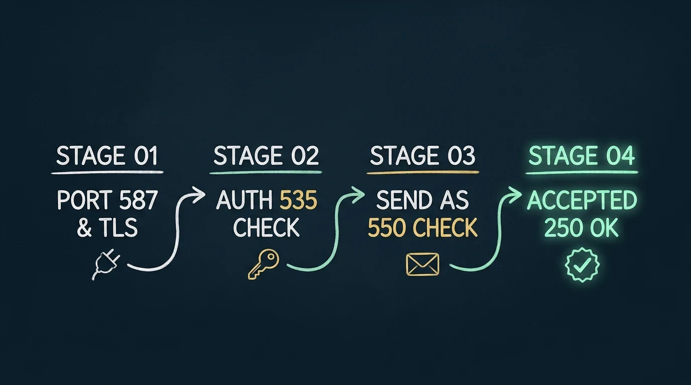 Simplified Exchange Online SMTP diagnostic path from port 587 and TLS through 535 authentication checks and 550 Send As checks to a final 250 accepted response.