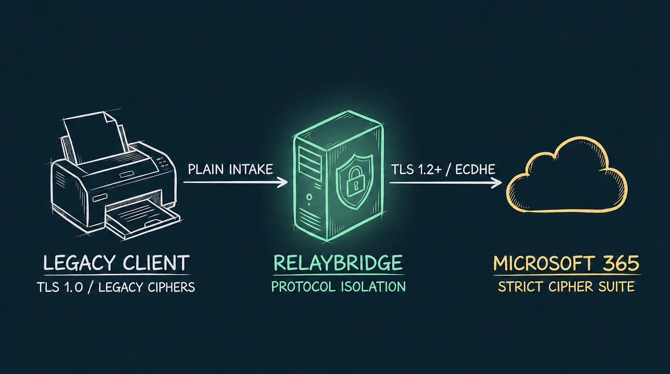 A legacy printer with TLS 1.0 and legacy cipher suites uses plain local intake to RelayBridge, which isolates the protocol boundary and negotiates current TLS with Microsoft 365.