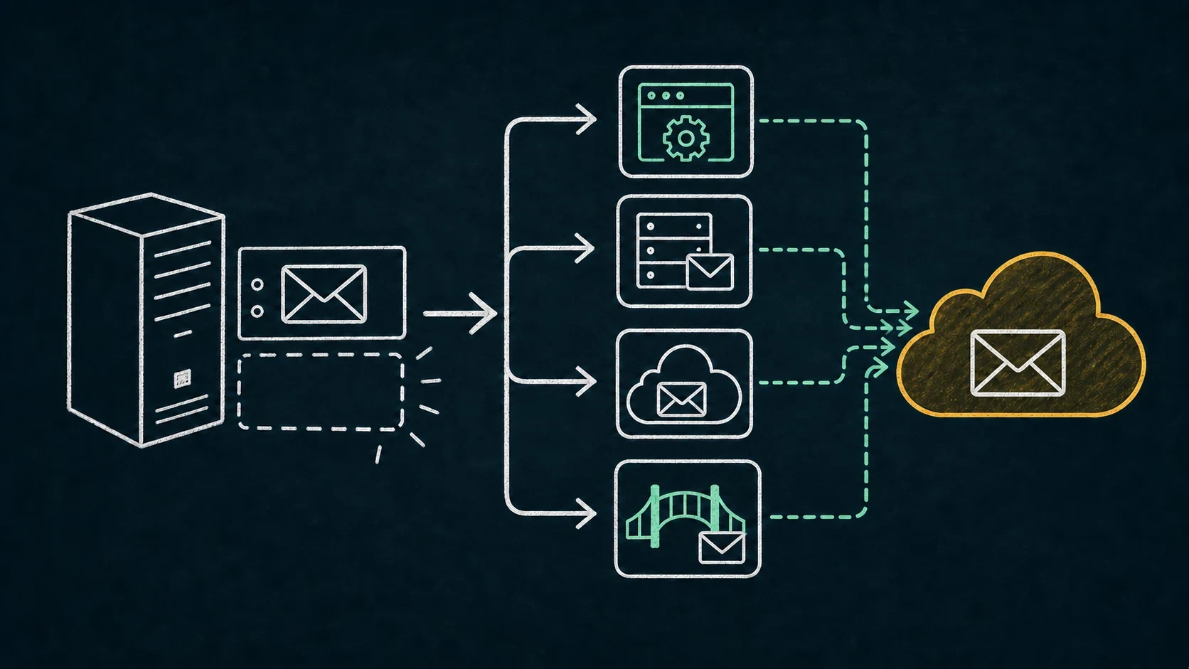 An obsolete Windows SMTP relay branches to modern application, local MTA, managed relay, and local bridge options that can deliver to Microsoft 365.