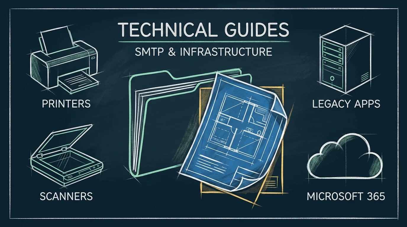 Hand-drawn technical guide collection for printers, scanners, legacy applications, and Microsoft 365 infrastructure.