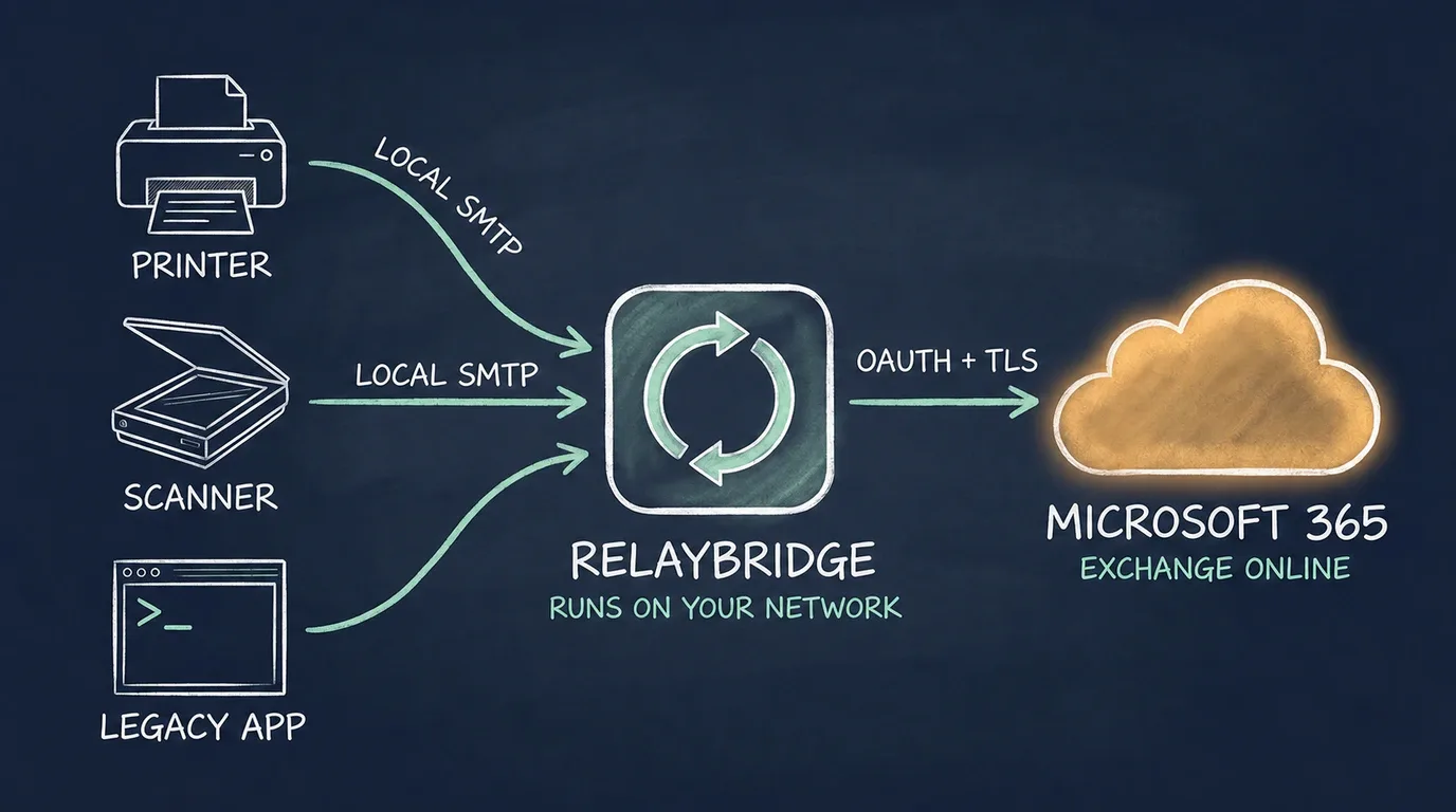 A printer, scanner, and legacy application send local SMTP to RelayBridge on the local network, which uses OAuth and TLS to submit mail to Microsoft 365 Exchange Online.
