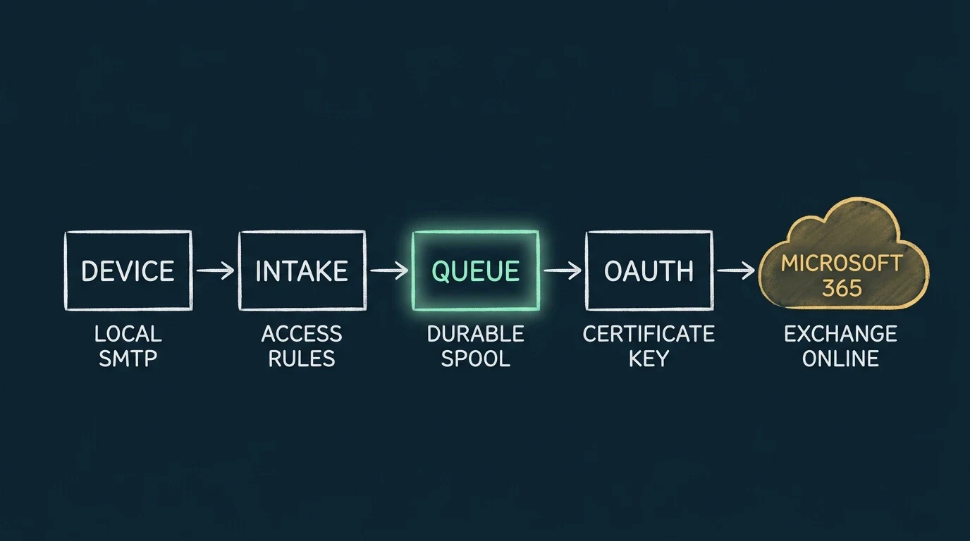RelayBridge mail pipeline from local SMTP intake through durable queueing and certificate-based OAuth to Microsoft 365 Exchange Online.