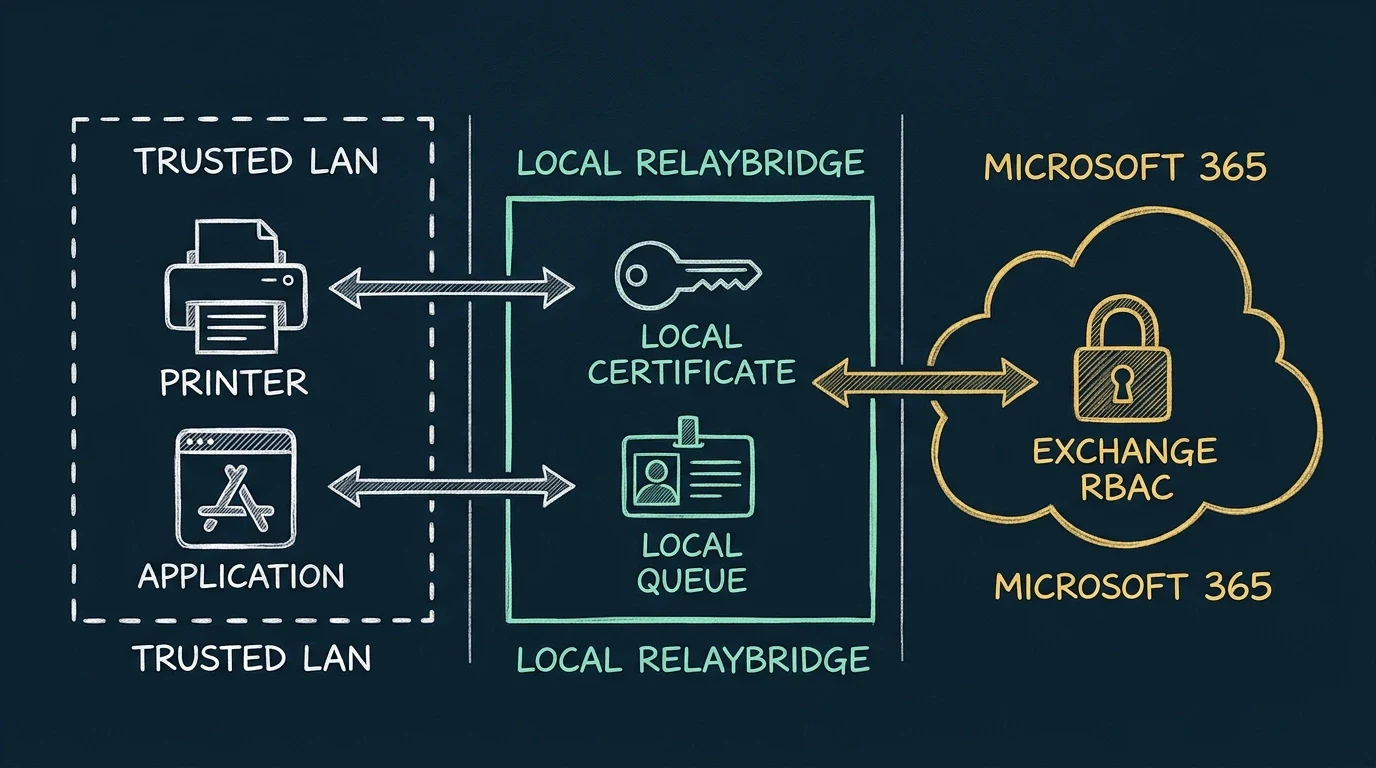 RelayBridge security boundary between trusted local devices, local certificate and queue storage, and scoped Microsoft 365 Exchange authorization.